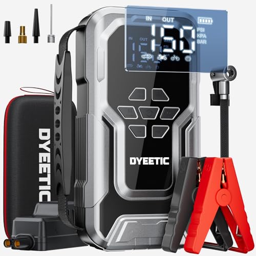 DYEETIC 6000A Arrancador de bateria de carro com compressor, 150 PSI compressor de ar 12 V iniciador de carros (motores toda a gasolina ou 10 l diesel), lanterna LED, cabos de salto inteligentes