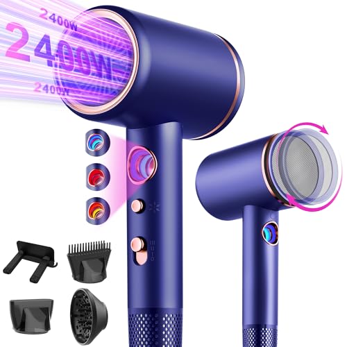 Tisoutec Secador de cabelo iónico para o cabelo profissional Ioni AC motor secador de cabelo 2400 W, secador de viagem difusor | secador 4 em 1 | botão de ar quente/frio | 3 níveis + 3 velocidades