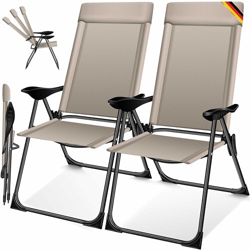 KESSER® Conjunto de 2 cadeiras de jardim com encosto alto, de alumínio, 7 posições, ajustáveis, com apoios de braços, respiráveis, dobráveis, para varanda, jardim, terraço, castanho