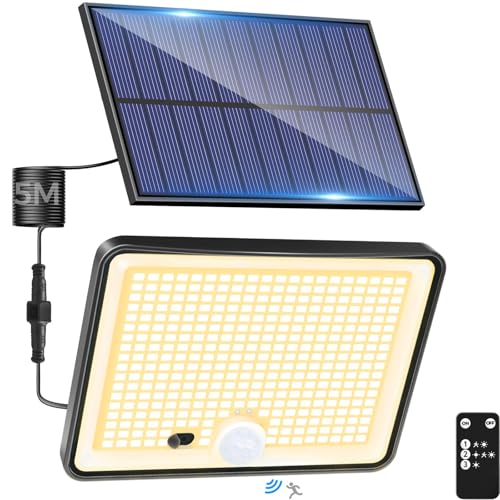 LOTMOS 1 embalagem luz solar exterior jardim, 342 LED/comando à distância holofotes LED exteriores solares sensor de movimento, IP65 candeeiro solar impermeável, 3 modos luzes solares LED exteriores,