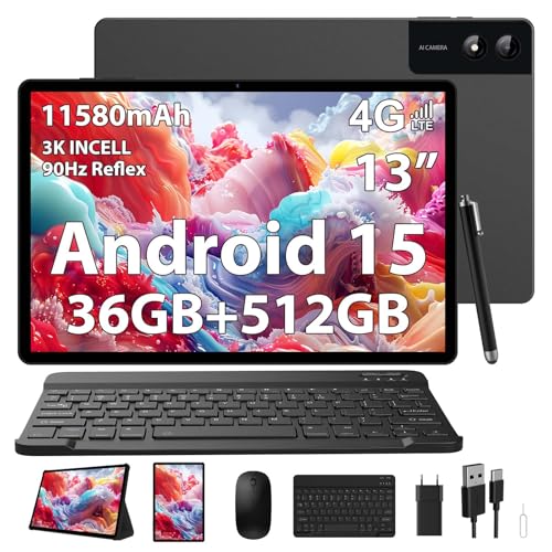 PIXPEAK Tablet de 13 polegadas com Android 15, 36 GB RAM, 512 GB ROM (extensão de 2 TB), 4G Lte/5G WiFi, 2940 * 1840, 11580 mAh, G99 Octa-Core, 13 MP+ 8MP, tablet com Tablet eclado/GPS /Bluet/4