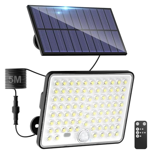 kolpop 1 pacote holofotes LED solares exteriores, holofotes LED solares sensor de movimento com controlo remoto, IP65 luz solar impermeável, 3 modos luz solar exterior potente para jardim, pátio