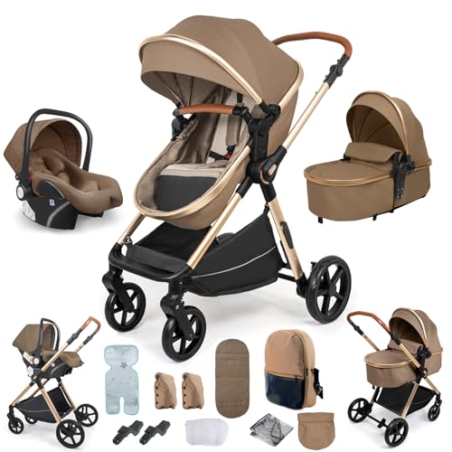 NADDLILY Carrinho de bebé 3 em 1, carrinho de bebé com design portátil dobrável de um clique, carrinho de bebé 3 peças com empurrão reversível de duas vias, carrinho de bebé de 3 peças com acessórios