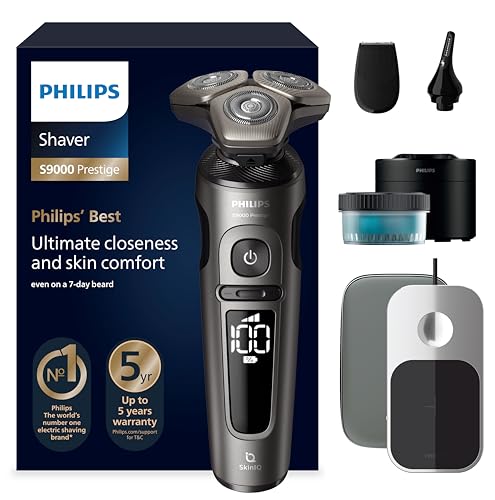 Philips S9000 Prestige, máquina de barbear elétrica para homem, máquina de barbear a seco e molhado com tecnologia SkinIQ, capa premium, carregamento Qi, aparador de precisão, centro de limpeza,