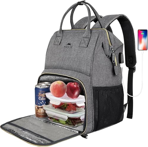 MATEIN Mochila portátil, almoço, mochila de mulher, 15,6 polegadas, mochila de refrigeração com porta USB, impermeável, lancheira portátil, almoço para homem, negócios, viagem, escola, cinzento