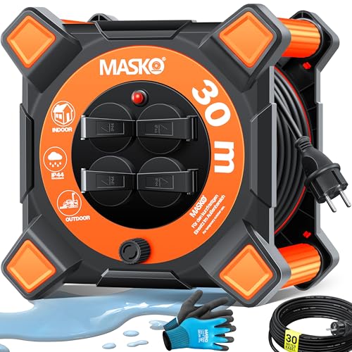 MASKO® Tambor de cabo de 30 m, cabo extensão com tomadas de proteção de contacto e alça de enrolamento, enrolador de cabos para exteriores, proteção térmica, IP44, 1000 W ~ 3000 W, inclui alça e