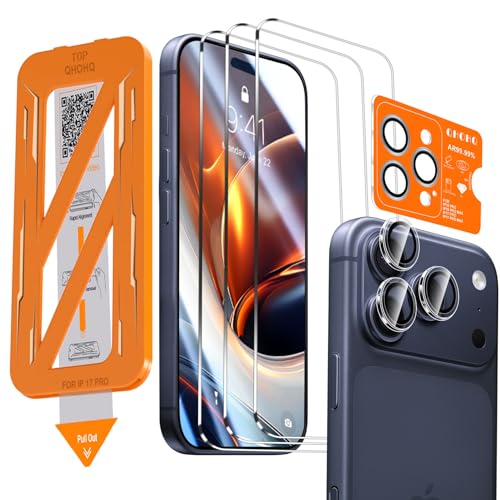 QHOHQ 3 peças protetor de ecrã para iPhone 17 Pro 1 conjunto protetor de câmera, top 9H vidro temperado, [12 pés proteção militar anti-impactos], instalação automática 1s, capa compatível