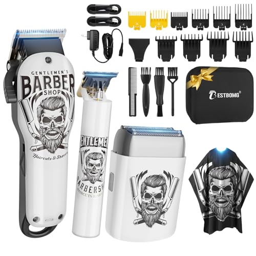 BESTBOMG Máquina de cortar cabelo profissional, máquina de barbear homem e máquina de barbear elétrica, corta-pelos kit com 10 pente guia, aparador de cabelo com camada de barbeiro (branco)