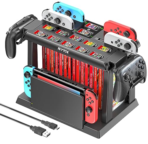 Kytok Suporte de armazenamento para Nintendo Switch/OLED com carregador para Joycon, torre para acessórios, suporte organizador para jogos, comando Pro e TV Dock
