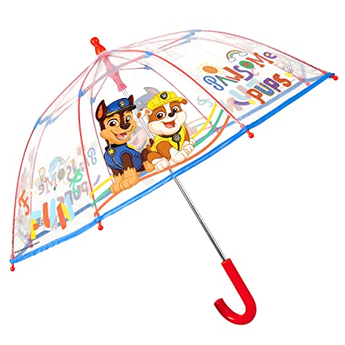 PERLETTI Guarda-chuva transparente bolha para crianças patrulha canina - guarda-chuva Paw Patrol criança 3 4 5 anos - abertura manual segura com desenho cães Chase Marshall Rubble - diâmetro 64 cm,