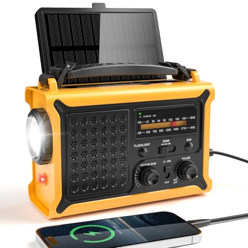 Rádio AM/FM de manivela, rádio solar com bateria recarregável de 12000 mAh, painel solar extragrande, portátil com lanterna e luz de leitura, dínamo com alarme SOS para caminhadas, campismo e
