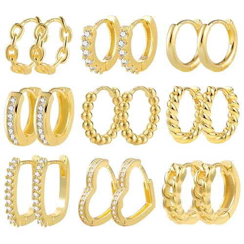 ALEXCRAFT Brincos de aro pequenos e torcidos para mulher - 9 pares vintage hipoalergénicos de ouro e prata