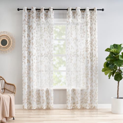 Treatmentex Cortinas translúcidas com estampado de folhas para sala de estar, cortinas de janela botânicas para quarto, com textura de linho claro, 2 peças, 136 x 145 cm, branco e castanho claro