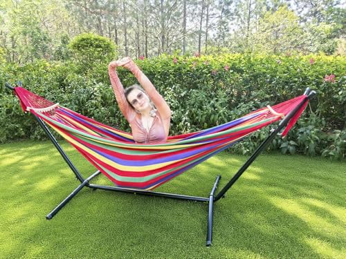 GOCAN Rede dupla para 2 pessoas, grande, 220 x 160 cm, com suporte de aço e barra separadora removível, carga de 100 kg, redes de lona de algodão para pátio, alpendre, jardim, quintal,