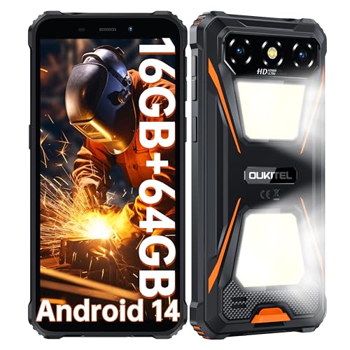 OUKITEL G5 Mobile resistente, 16 GB (1 TB TF), bateria de 6300 mAh telemóvel Android 14, câmara 13 MP + 5 MP, Face ID, dual 4G SIM/GPS//G5 BT5.0, Laranja