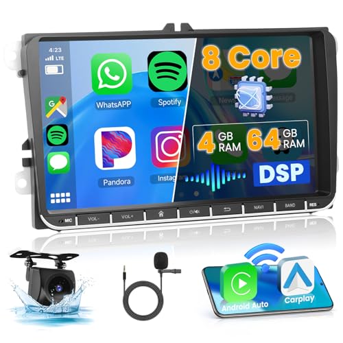 Ohradio 8 núcleos/4G + 64G/DSP Android 15 rádio carro para VW Golf 5 6 Passat Polo T5 Transporter Seat Leon Skoda CarPlay Android Auto Wireless, ecrã tátil com BT GPS WiFi RDS FM USB +C Âmbito + Mic