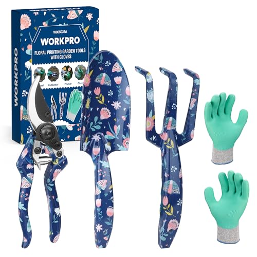 WORKPRO Ferramentas de jardinagem 4 unidades, conjunto de ferramentas para jardim com rastrilho, pá de mão, tesouras de podar, luvas, estampado floral e de insetos