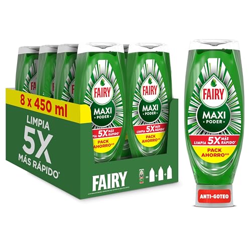 Fairy Maxi Poder Lava-louças líquido à mão, 3,6 l (8 x 450 ml), com poder anti-gordura, limpeza fácil pratos, panelas e frigideiras mais gordas