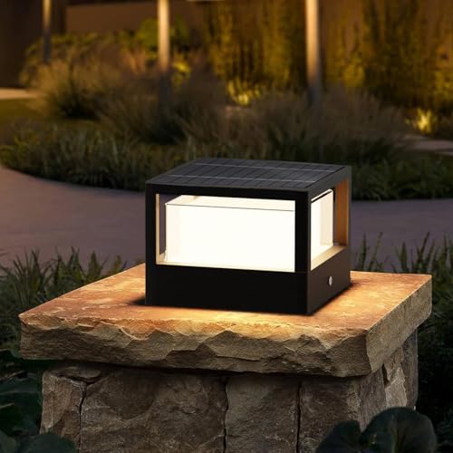 ACMHNC Lanterna solar exterior, LED luz solar exterior jardim, Ip65 lâmpada de sobremuro exterior de alumínio, branco quente, quadrado, para jardim, cerca de pátio, preto