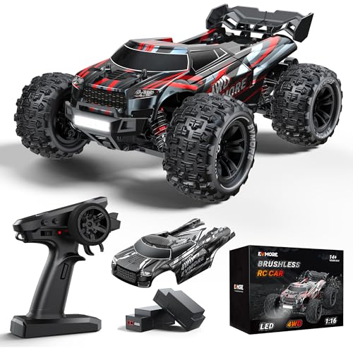 Evmore Carro telescópico 1:16, 4WD carro rádio controlo de alta velocidade sem escovas, 70 km/h 4 x 4 RC carro com 2 baterias 40 min, 2,4 Ghz controlo remoto de corridas todo-o-terreno para crianças