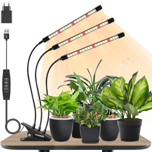 Niello Candeeiro para plantas, lâmpada de crescimento de 3 cabeças, luz de crescimento de espectro completo para plantas de interior, luz para plantas com temporizador de ligar / desligar de 3/9/12h