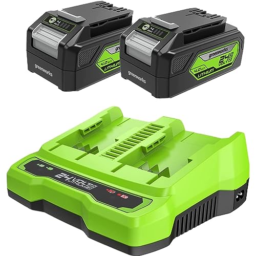 Greenworks Baterias e carregador duplo 24 V - duas baterias recarregáveis de 4 Ah e carregador duplo, para dispositivos Greenworks de 24 V, saída 48 W e corrente 4A, carga completa em 60 min - G24B4 &