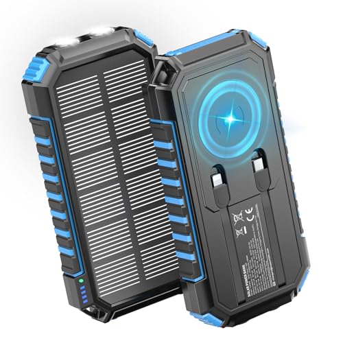 Carregador solar Power Bank 27000 mAh, Riapow, 22,5 W, carregamento rápido bateria externa sem fios com 2 cabos integrados e internas, USB C PD QC 3.0 saída portátil para tablet telefone (azul)