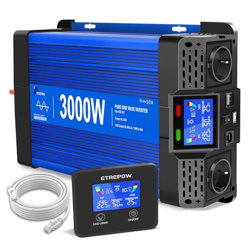 ETREPOW 3000 W/6000 W Inversor 12 V 220 V onda pura com controlo remoto, 2 entradas UE, 2 portas USB tipo C, para eletrodomésticos, caravanas, Camping conversor de tensão.