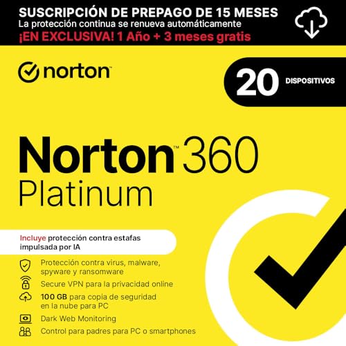 Norton 360 Platinum 2023 – Software antivírus para 20 dispositivos e 15 meses de subscrição com renovação automática, Secure VPN e gerenciador de senhas, para PC, Mac tablet e smartphone