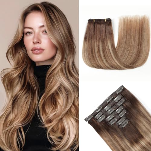 HotLulana Extensões de clipe de cabelo natural, 7 unidades de extensões de cabelo natural de 40 cm extensões de cabelo humano de 16 polegadas 80 g extensões de cabelo natural 2/6/18 K #