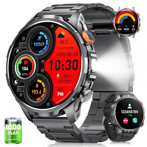 Relógio inteligente homem militar com 1000 mAH/LED lanterna, 1,91"AMOLED Smartwatch homem com chamadas, 5 ATM impermeável/110 modos desportivos/SpO2/pulso / sonho, pulseira atividade para Android iOS