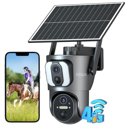 Xega 4G Câmara solar exterior com lente dupla, 14400 mAh LTE câmara de vigilância sem fios com bateria 2 K HD IP PTZ 355 °/100 °, detecção humana, visão noturna, alarme de luz e som, IP66