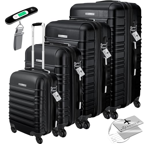 KESSER® Conjunto de 4 malas rígidas, conjunto de mala Trolley Incl. Balança de bagagem etiqueta de bagagem mala rolante fechadura 4 rodas ABS capa rígida alça telescópica S-M-L-XL, Preto