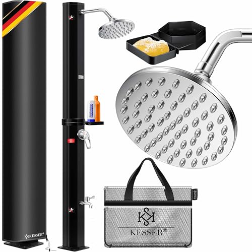 KESSER® Chuveiro solar de jardim de 60 litros, inclui bandeja de chuveiro de metal, tampa protetora e saco, água quente máx. 60 °C, sem conexão elétrica, chuveiro de piscina, campismo, torneira de