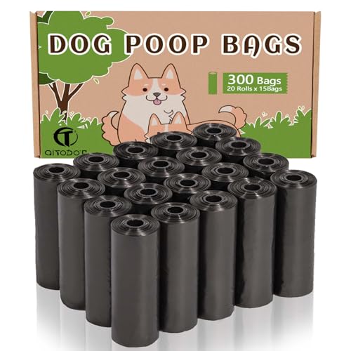 AiTodos 300 peças Sacos de cão para cacho, preto, sacos de excrementos para cães, 31 * 22 cm, material de polietileno, portátil, adequado para sair de casa (20 rolos, 15 por rolo)