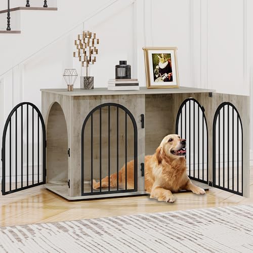 Hzuaneri 100 cm Gaiola para cães, mesa auxiliar, casa moderna para cães, gaiola de cão grande para casa de madeira, duplex para animais, 3 portas, porta arqueada, 60 x 100 x 63 cm, marfim claro