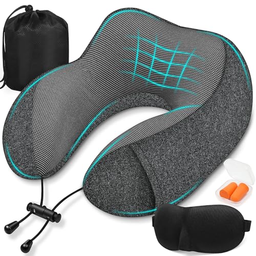 SOMLAW Almofada de viagem para pescoço, Comfy almofada avião viscoelástico de espuma memória, almofada pescoço viagem com máscara de olhos, tampões e saco, ideal para avião, comboio e carro