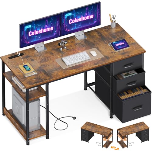 Coleshome Mesa com 3 gavetas de tecido, 130 x 48 cm, mesa de computador com 2 portas de carregamento USB e 2 tomadas de corrente, mesa com prateleiras de armazenamento reversíveis para escritório