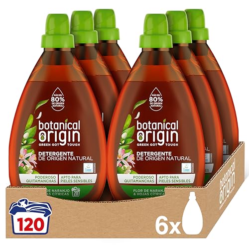 Botanical Origins Detergente de máquina de lavar ecológico adequado para peles sensíveis, aroma flor de laranja e folhas cítricas, conjunto de 6 x 20, total 120 lavagens