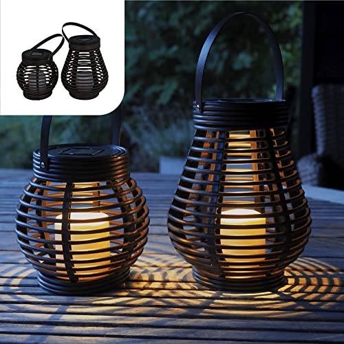 Gadgy ® Lanternas decorativas | Conjunto de vime aparência | 2 peças forma redondas e lágrima para exterior | plástico mármore castanho | luz solar jardim pátio
