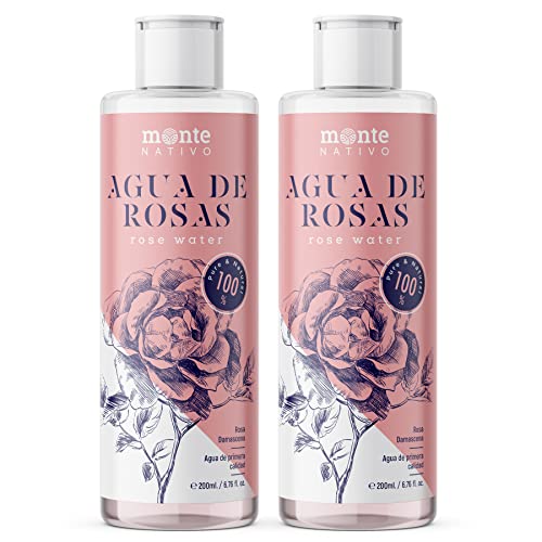 MonteNativo Água de rosas natural 2 x 200 ml, hidrolato 100% puro duplo estilado a vapor ideal como tónico facial, relaxante, calmante, anti-idade, água floral para iluminar pele e pelos