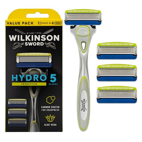 Wilkinson Sword Hydro 5 Skin Protection Sensitive - Máquina de barbear de 5 folhas com 4 peças sobressalentes de lâminas de barbear de 5 folhas enriquecidas com vitamina E para peles sensíveis