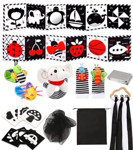 Perbabe Brinquedos bebés, 31 peças preto branco livro bebé contraste livros de tecido 0-12 meses brinquedos montessori com preto e vermelho livros brancos, chocalhos de boneca, Tummy Time Toys para