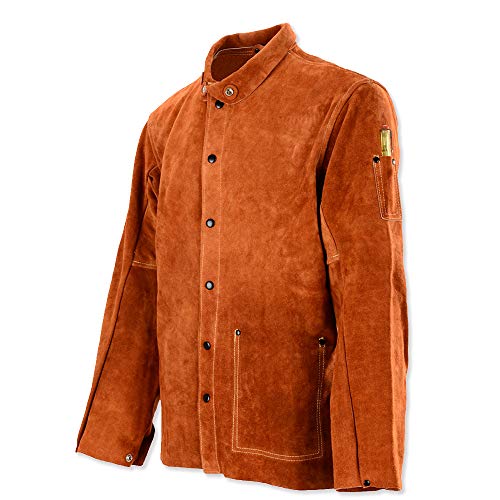 QeeLink Casaco de trabalho de soldagem de couro, casaco para soldador ignífugo robusto, roupa de couro soldagem blusão para homem mulher