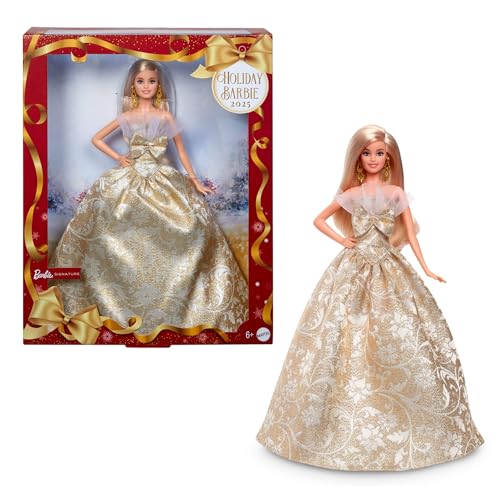 Barbie Signature Barbie Feliz festas 2025 boneca de moda com cabelo loiro, com vestido dourado e prateado, boneca sazonal para colecionadores, inclui embalagem para expor e suporte, JBJ00