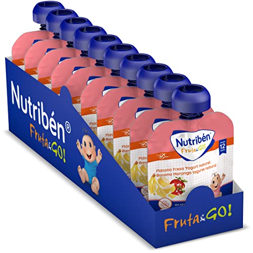 Nutribén Fruta And Go Saco 100% de puré de frutas, natural, banana morango e iogurte natural, conjunto de 10 unidades x 90 g
