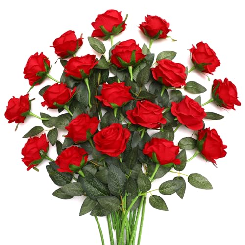 JUSTOYOU 20 rosas artificiais vermelhas, rosas de seda com caule, ramo de rosas artificiais realistas para casa, mesa, escritório, festa, casamento, arranjos de jardim (rosas vermelhas)