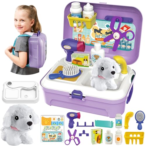 HERSITY Maletin veterinário brinquedo com mochila, conjunto veterinário cães de brinquedo, conjunto de cuidados com animais de estimação, presentes para 3 4 5 6 anos meninos meninas