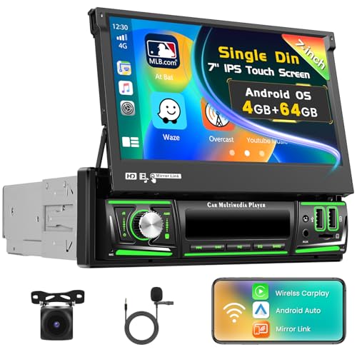 Inefala 4G + 64G Android 15 rádio de carro 1 DIN com CarPlay sem fios Android auto, rádio Bluetooth com ecrã retrátil manual de 7 polegadas WiFi GPS FM/RDS USB SWC Mic câmara marcha traseira