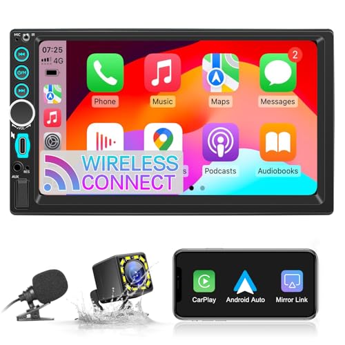 Rádio carro 2 DIN compatível com Carplay, 7 polegadas rádio carro Bluetooth ecrã tátil suporta mãos livres/FM/Mirror Link/USB/AUX, autorrádio com câmara traseira, GPS Navigation (Wireless CARPLAY)